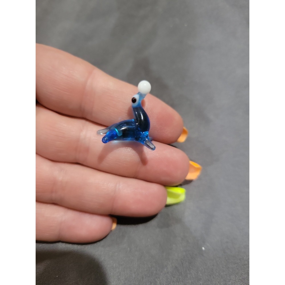 Hand Blown Glass Figurine Collectibles Handmade Miniature Seal Blue Clear